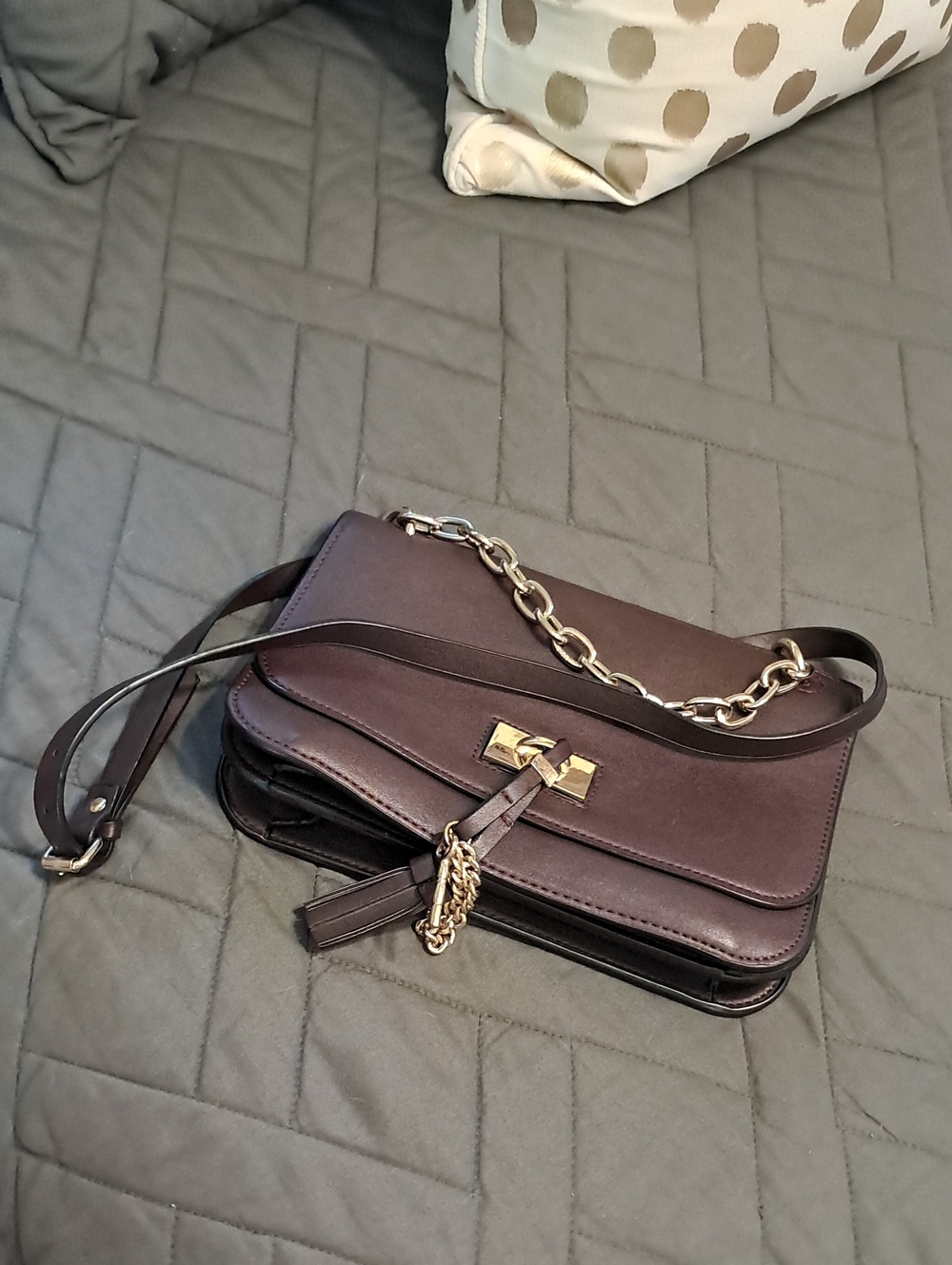 Zara Leather Chain-Strap Shoulder Bag in Burgandy